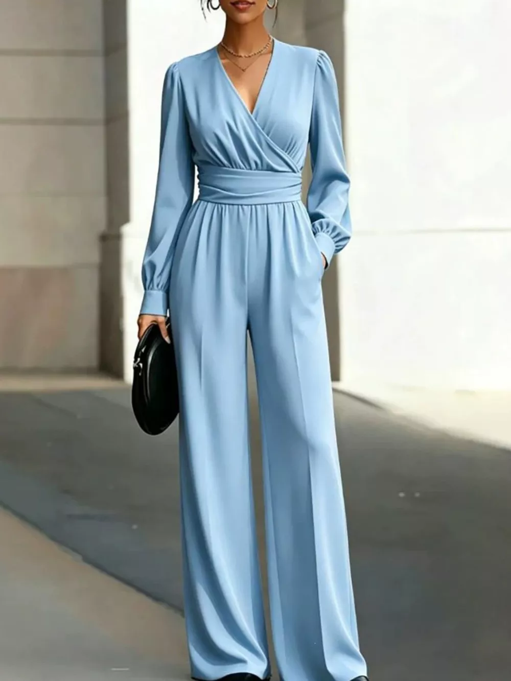 Surplice Long Sleeve Wide-Leg Jumpsuit, image 3