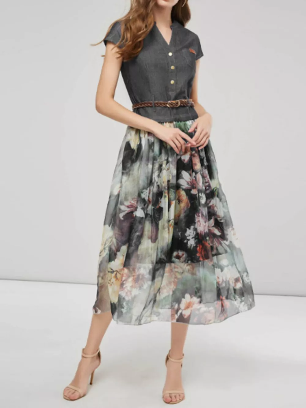 Full Size Patchwork Floral Print Chiffon Dress Plus Size, image 5