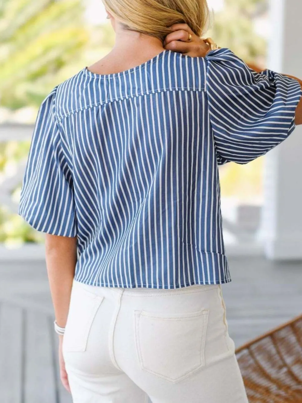 Tie Front Puff Sleeve Striped Blouse, image 2