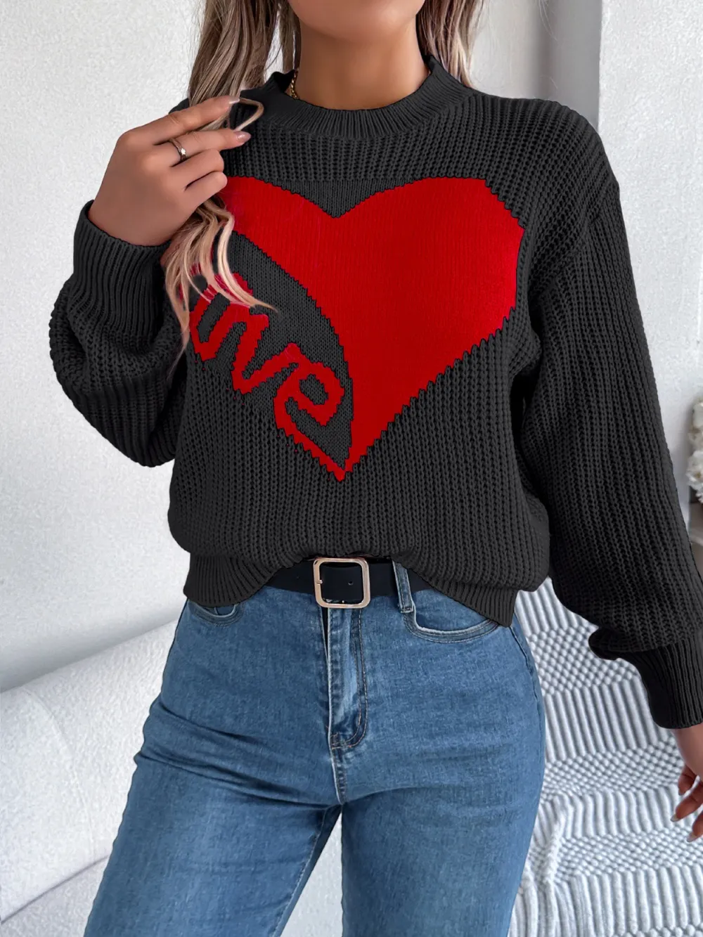 LOVE Heart Round Neck Dropped Shoulder Sweater, image 16