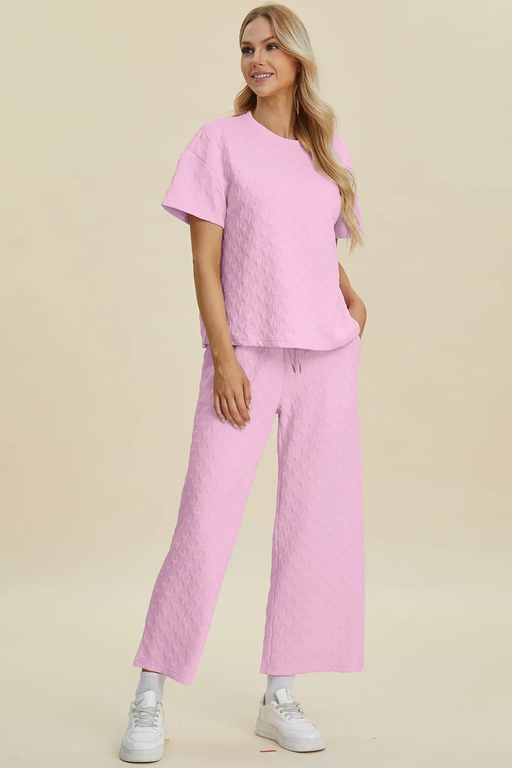 Full Size Texture Round Neck Short Sleeve Top and Pants Set, image 13