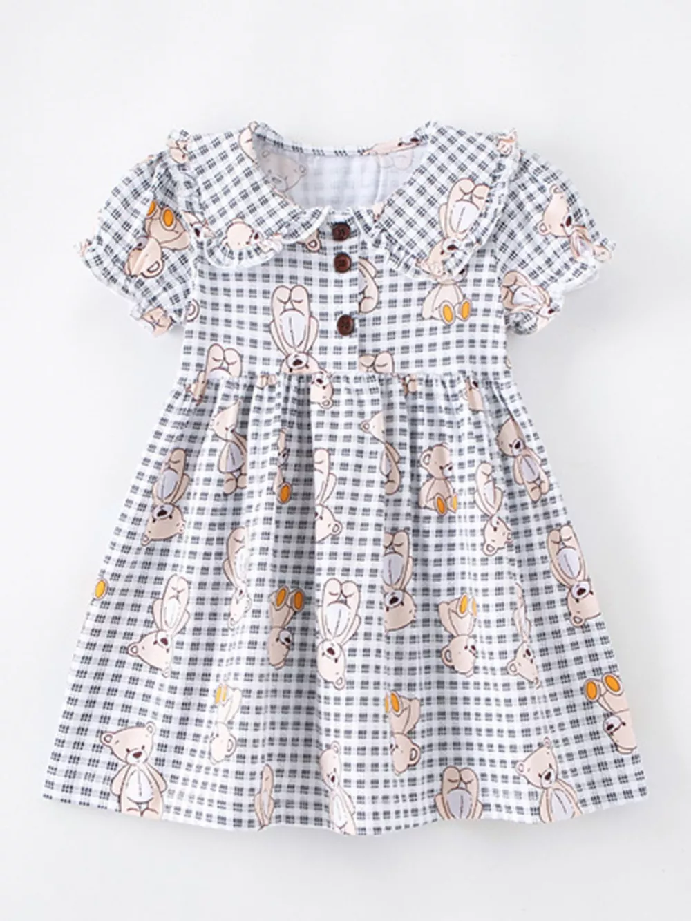 Children's Gingham Teddy Bear Print Peter Pan Collar Dress, image 2