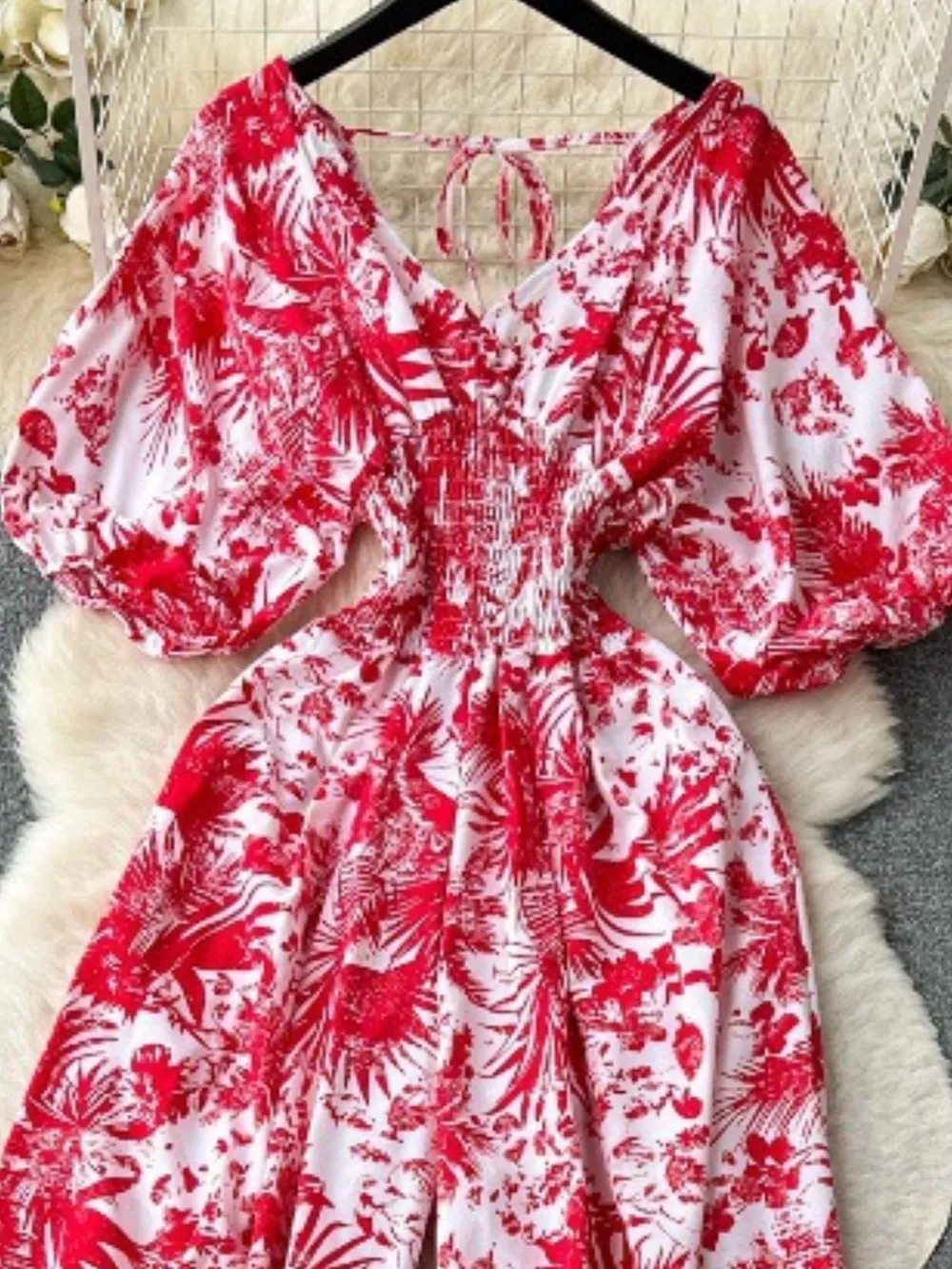 Smocked V-Neck Wide Leg Jumpsuit, image 6