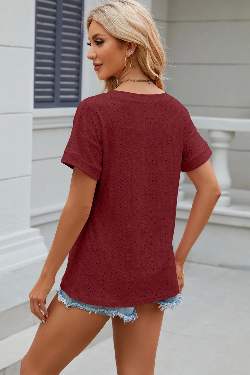 Eyelet V-Neck Short Sleeve T-Shirt, image 17