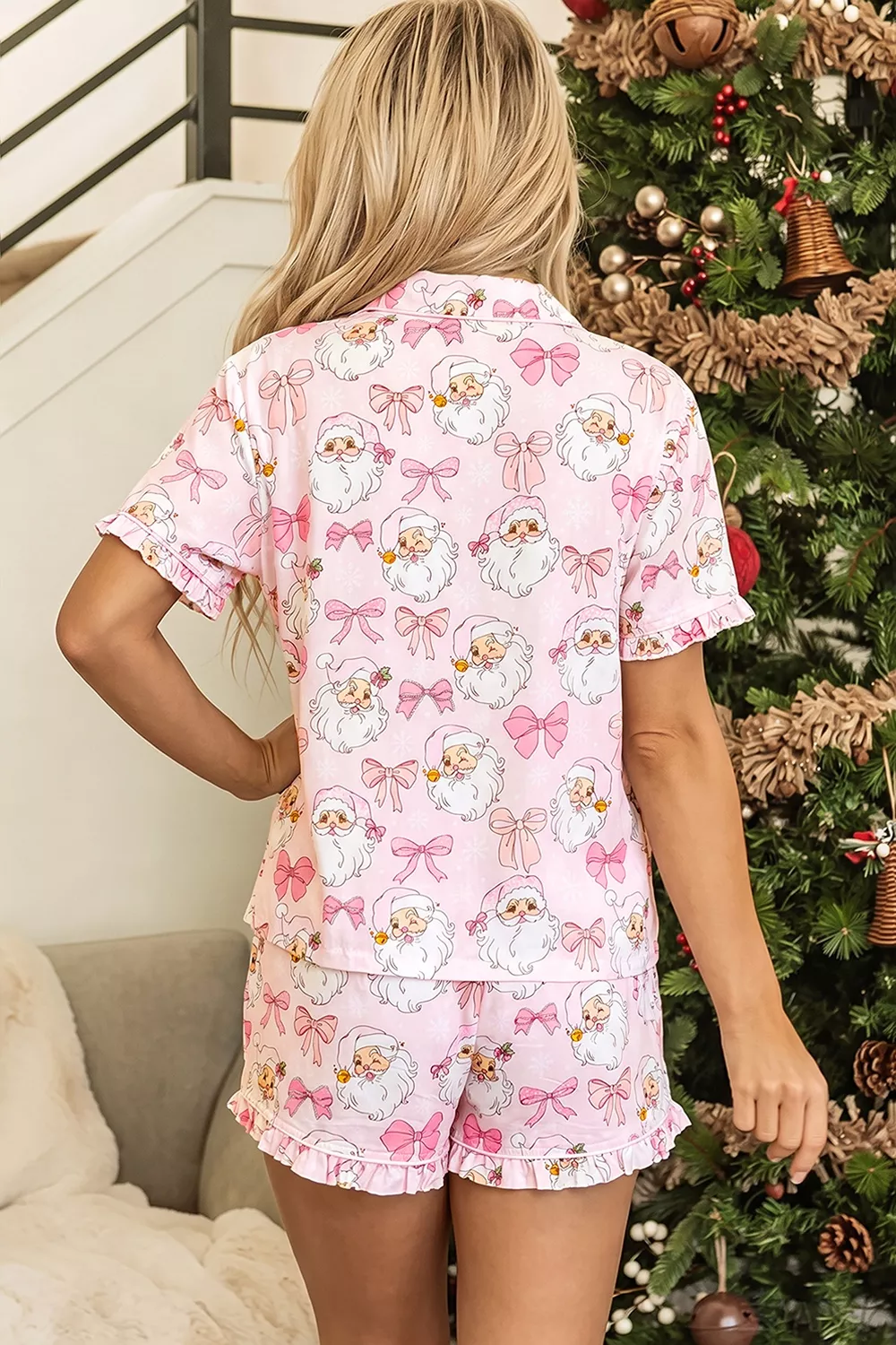 Santa Print Paneling Shift Silhouette Short Sleeve Lounge Set, image 4