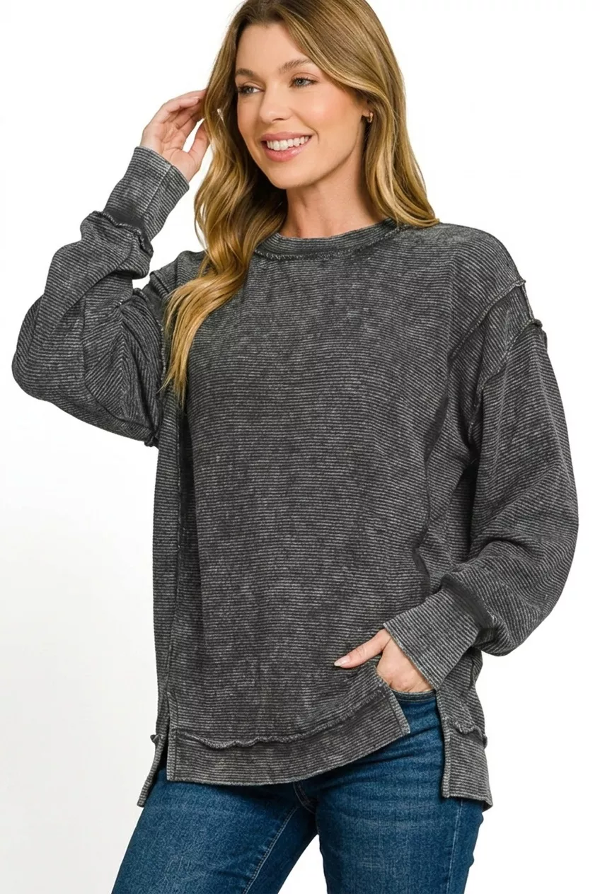Acid Washed Double Ribbed Exposed-Seam Sweatshirt, image 3
