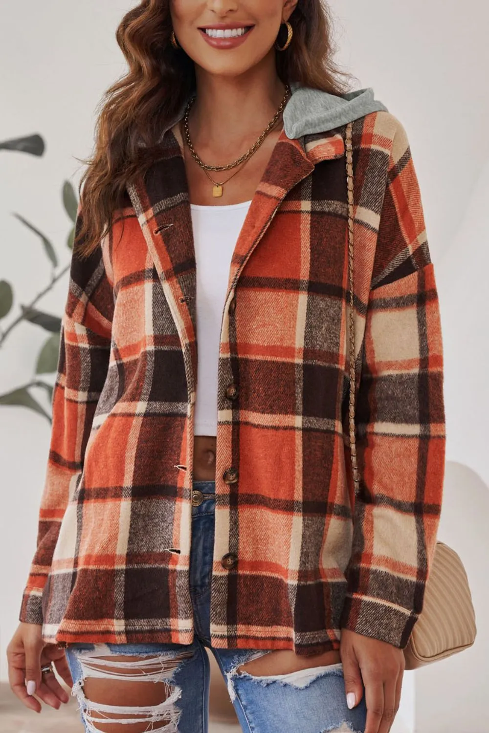 Plaid Button Up Hooded Shacket, image 17