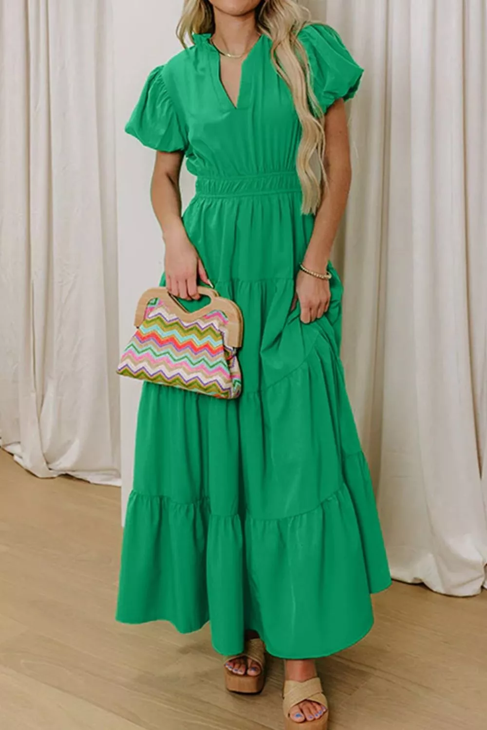 Elegant Ruffled Tiered Puff Sleeve Maxi Dress, image 4