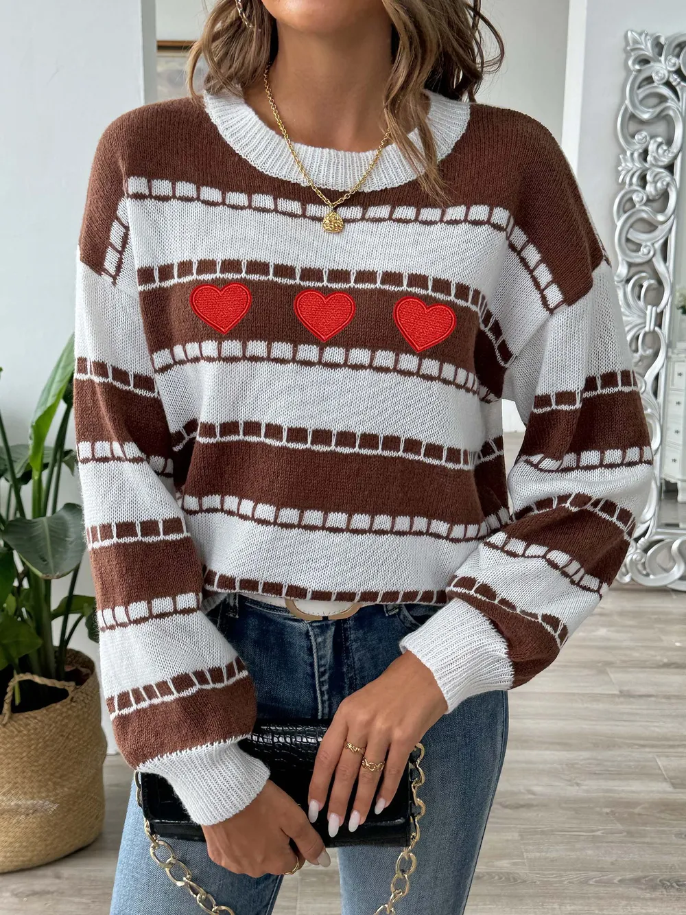 Heart Round Neck Long Sleeve Sweater, image 7