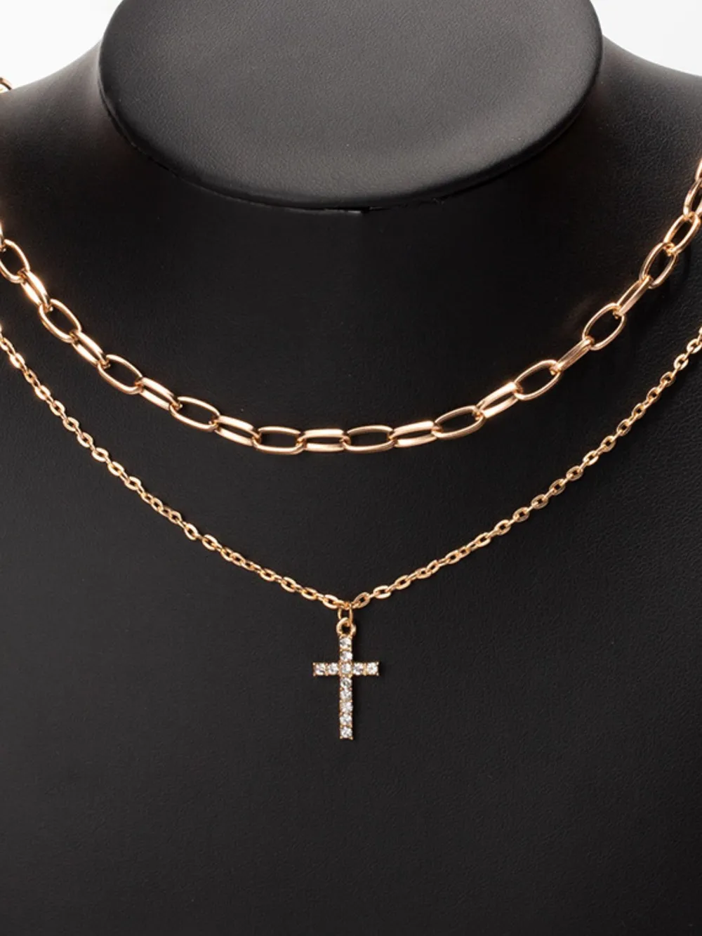 Double Layered Inlaid Zircon Cross Pendant Necklace, image 4