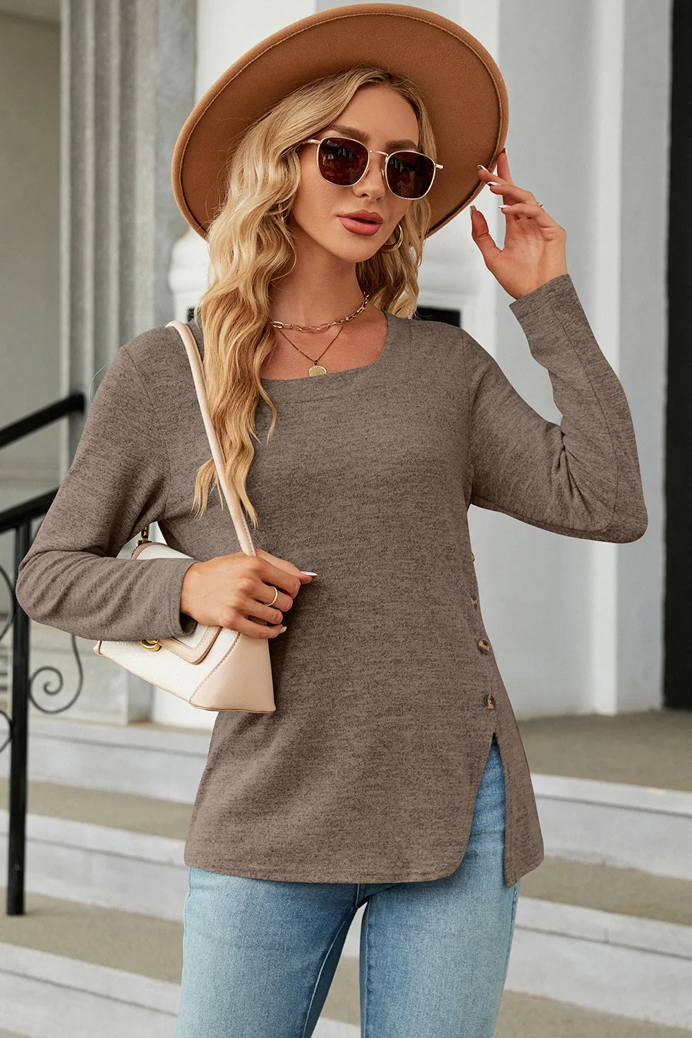Slit Decorative Button Square Neck T-Shirt, image 9
