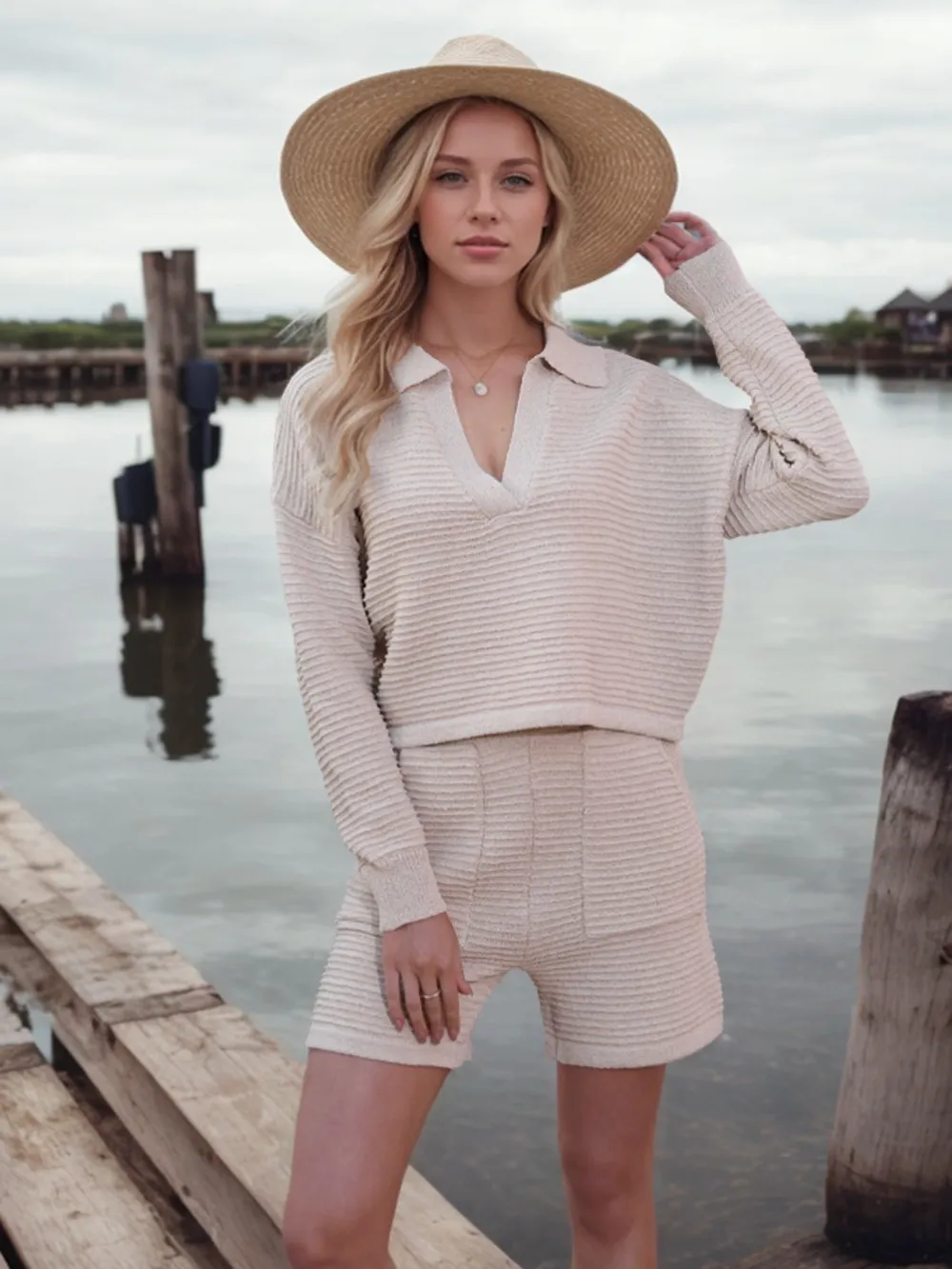 Johnny Collar Long Sleeve Top and Shorts Sweater Set, image 22
