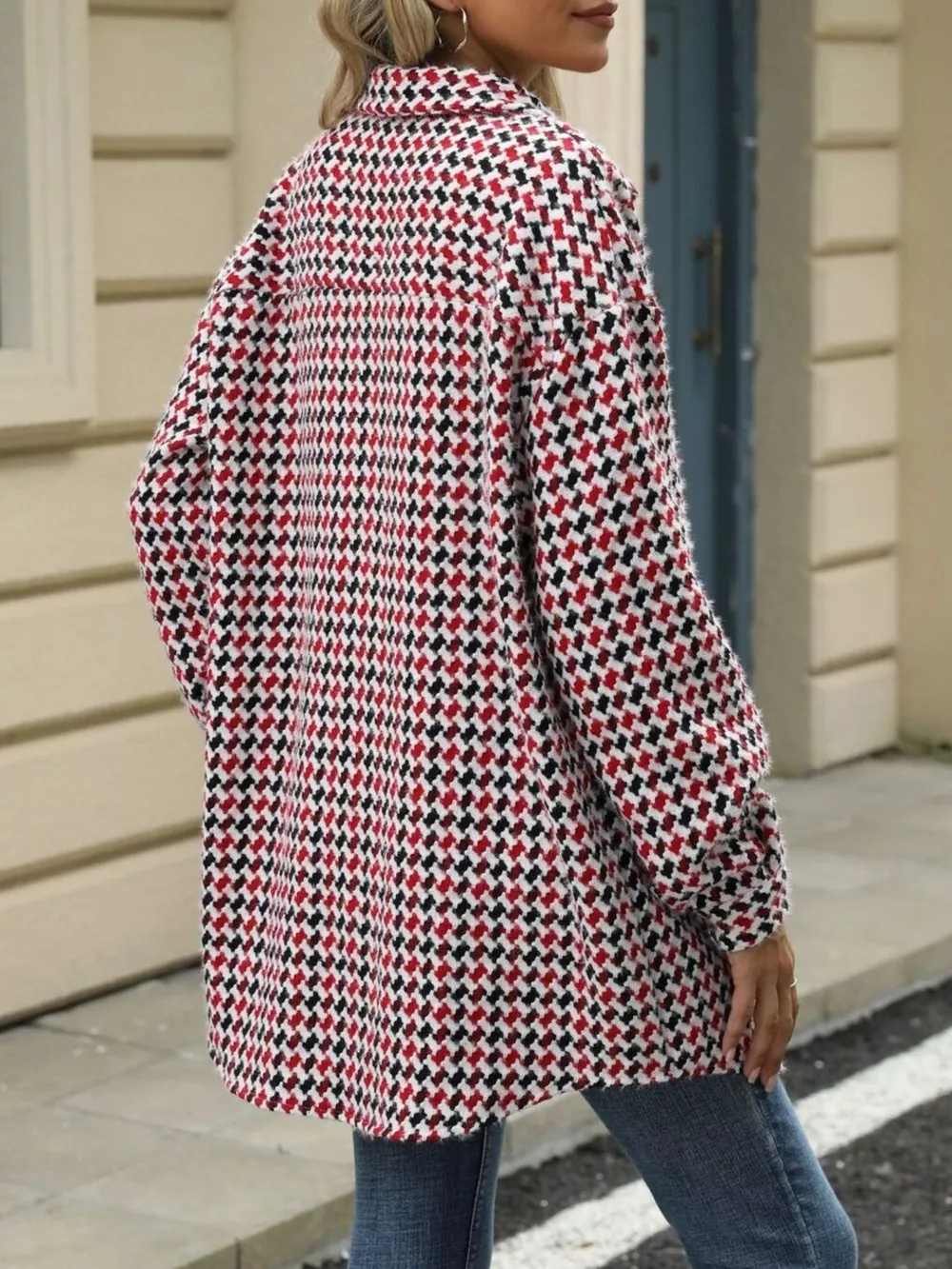 Houndstooth Button Up Long Sleeve Coat, image 12
