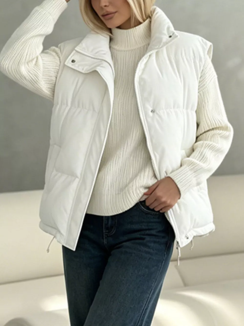 Snap-Button Placket Quilted Puffer Vest Coat, image 19