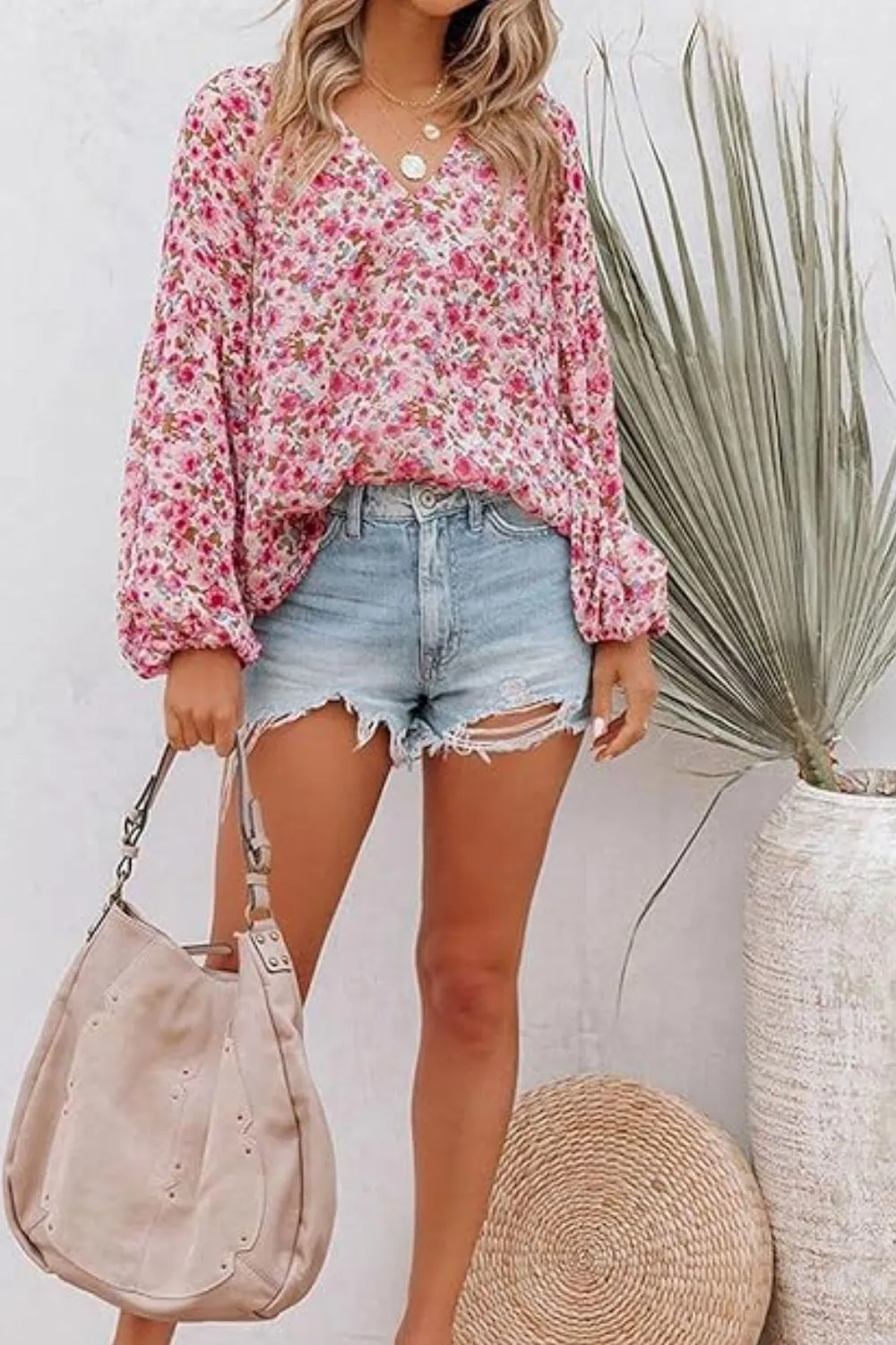 Printed Notched Long Sleeve Blouse, image 4