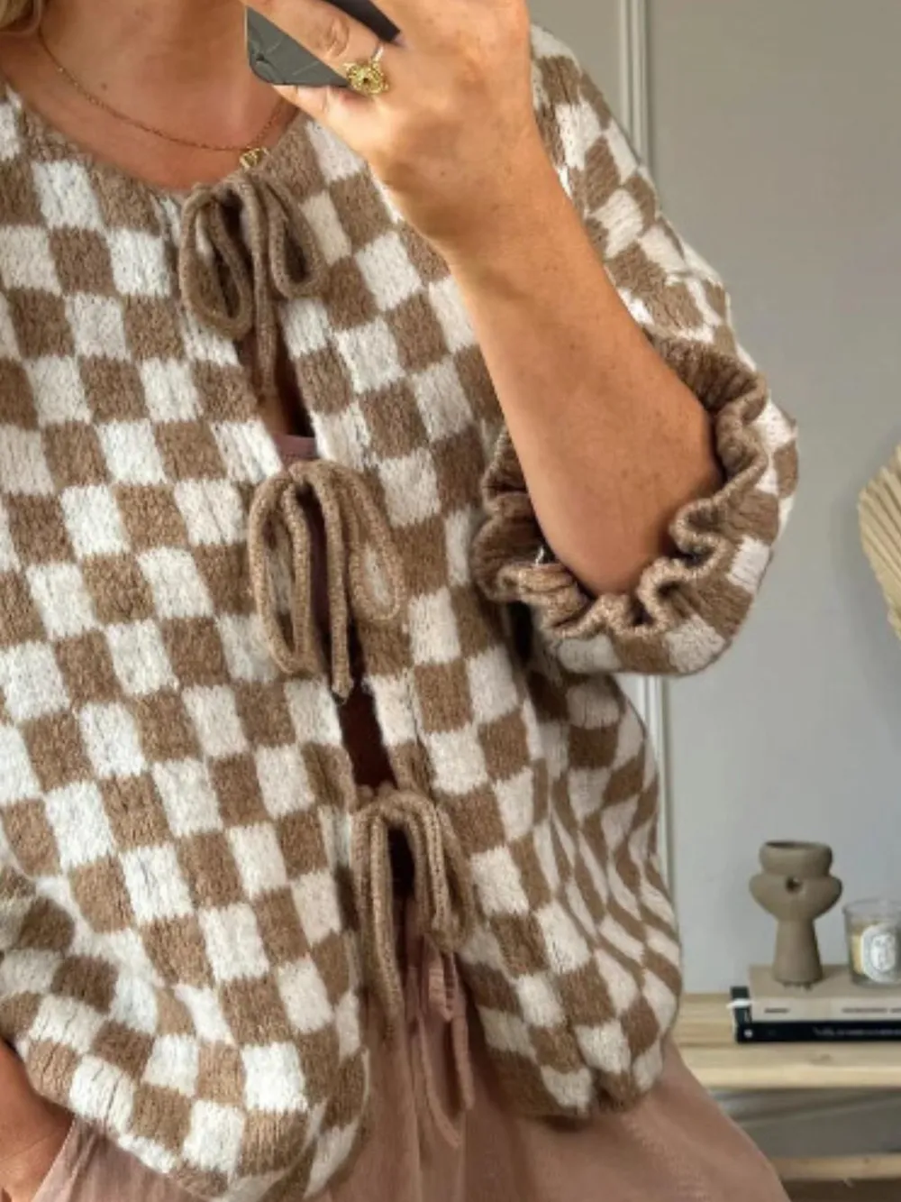 Checkered Tie-Front Knit Cardigan, image 15