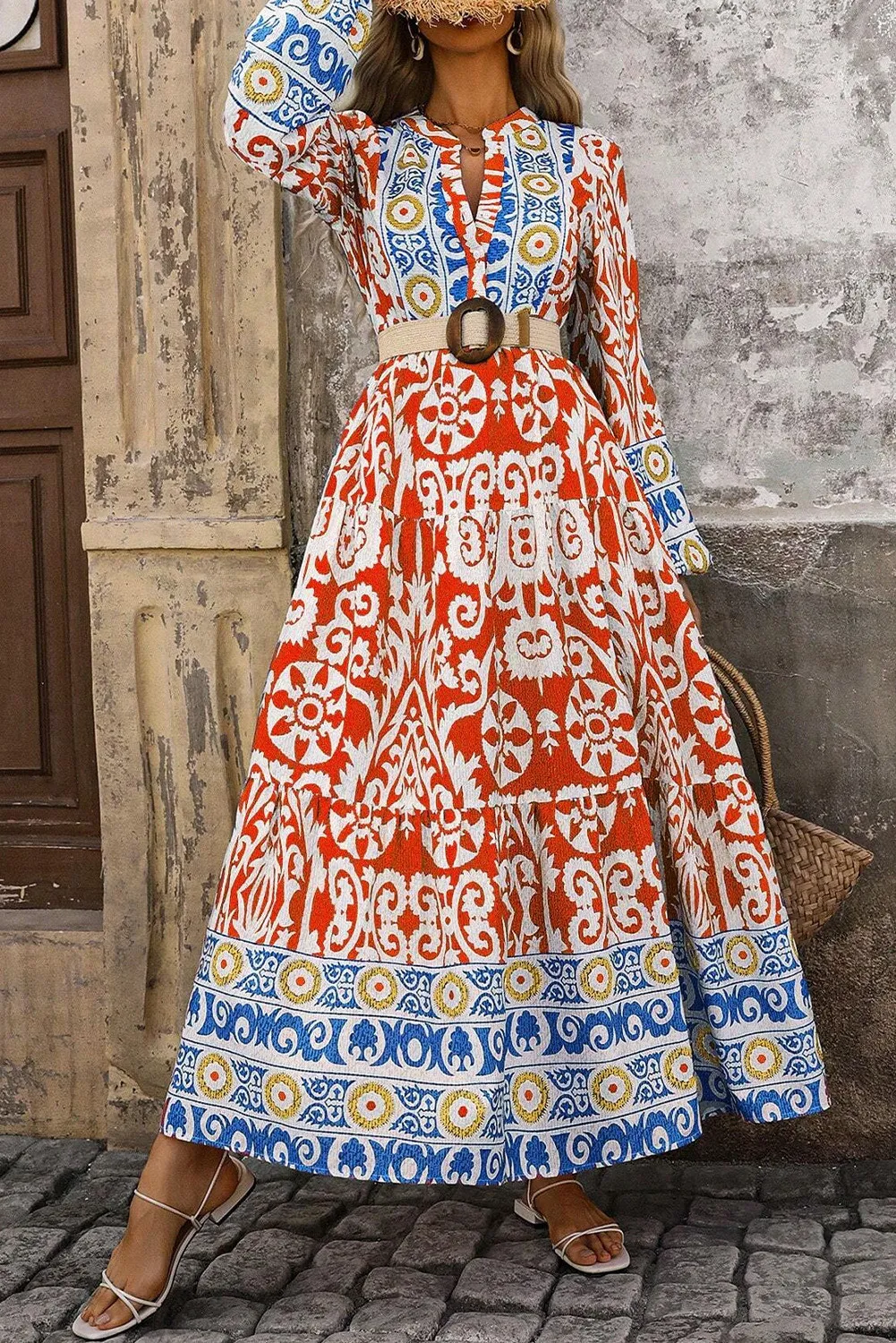 Printed Notched Long Sleeve Maxi Dress, image 3