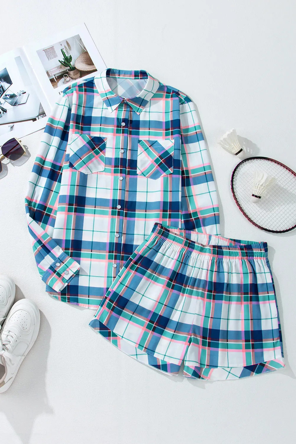 Plaid Snap Down Long Sleeve Top and Shorts Lounge Set, image 4