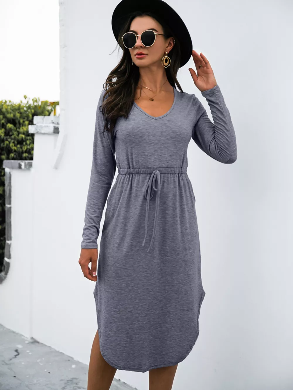 Drawstring Waist Long Sleeve Casual Dress, image 20