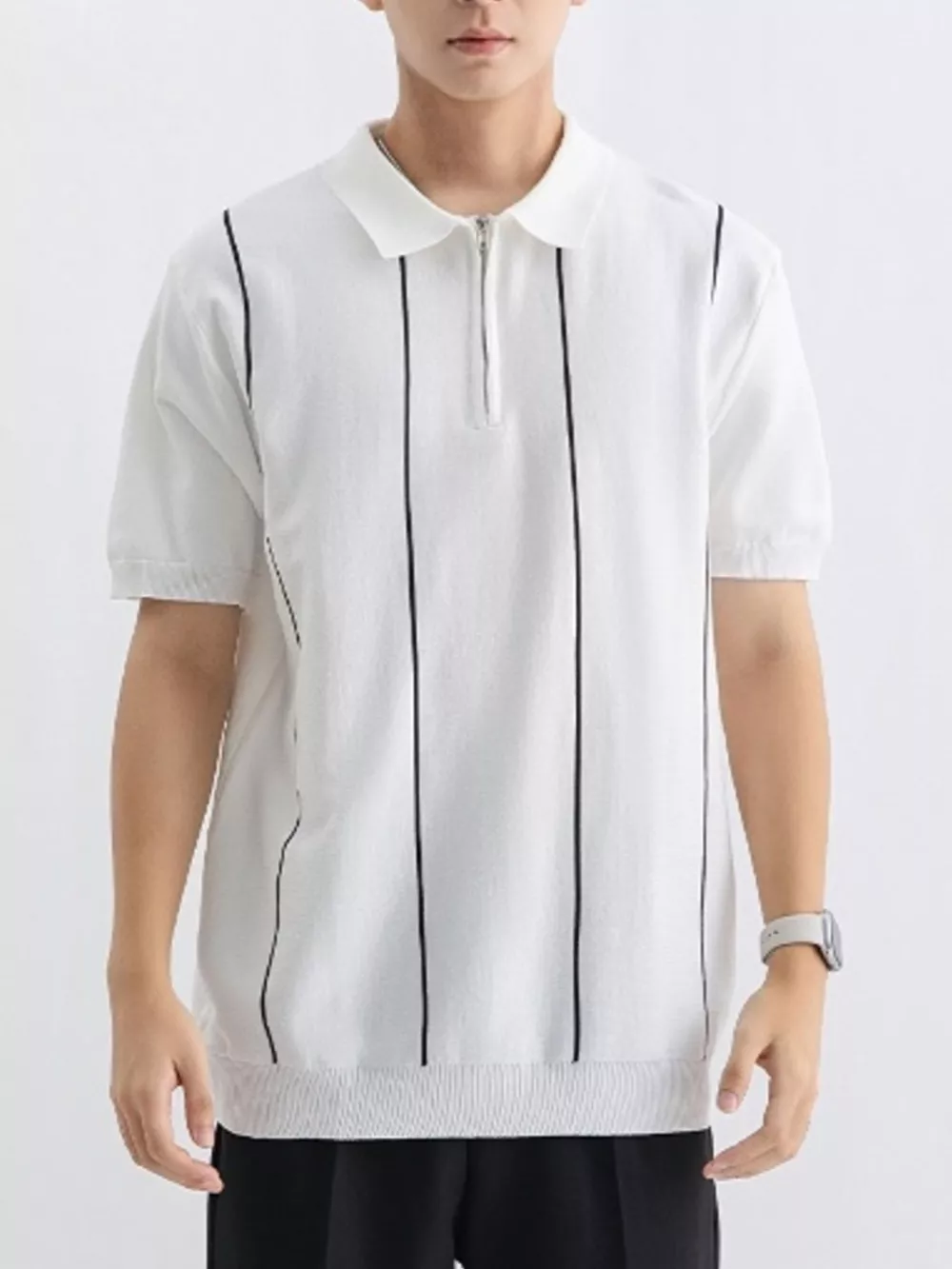 Men's Plus Size Striped Zip-Up Knit Polo, image 5