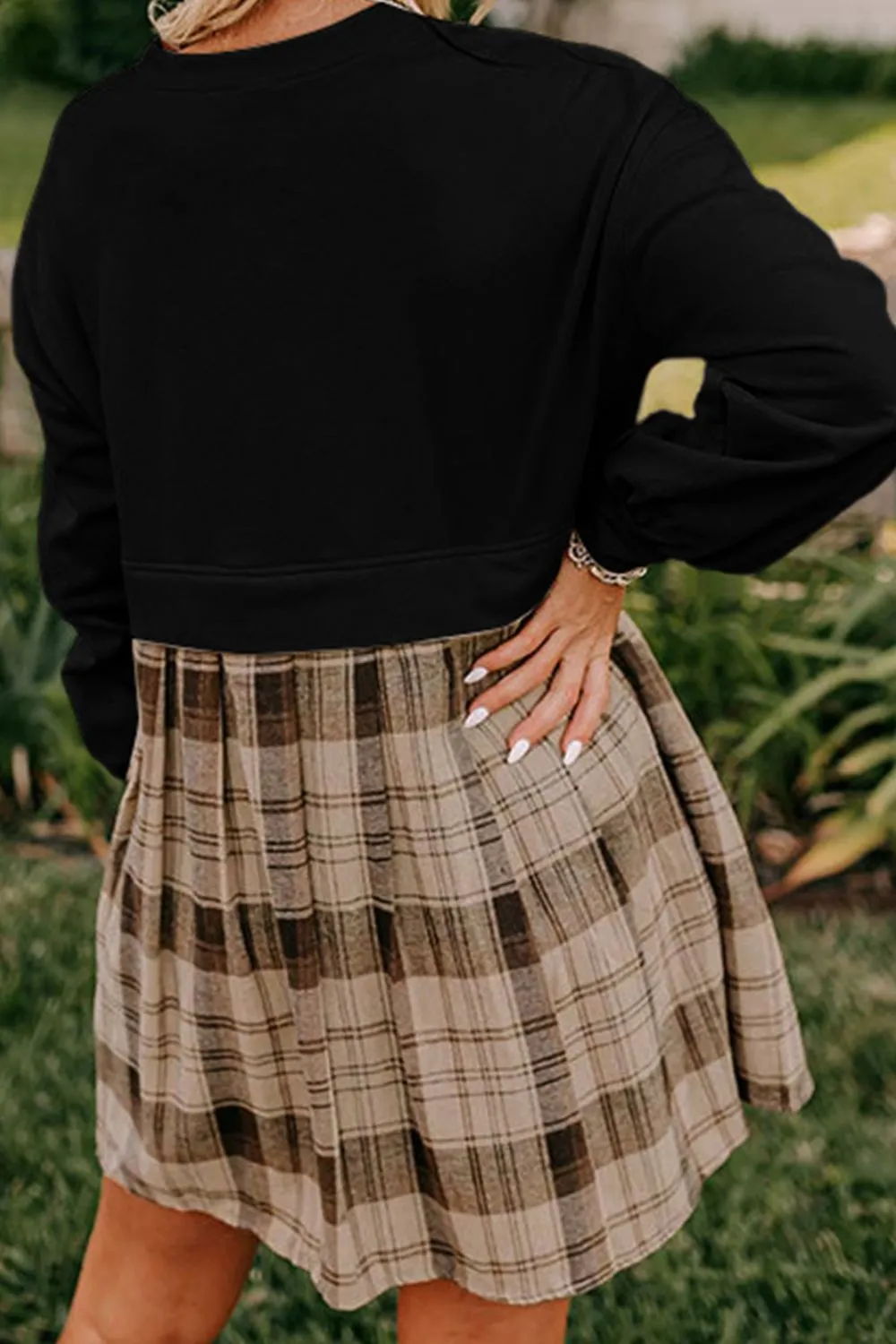 Plaid Round Neck Long Sleeve Mini Dress, image 15