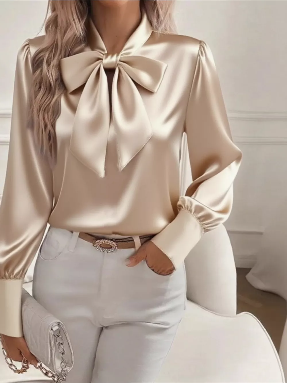 Satin Bow Tie Long Sleeve Top, image 8