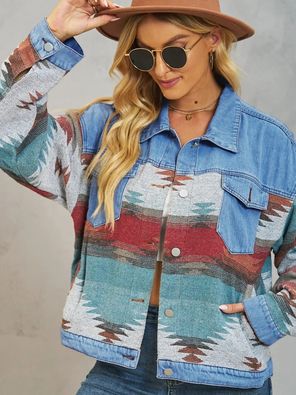 Geometric Button Up Dropped Shoulder Denim Jacket, image 5