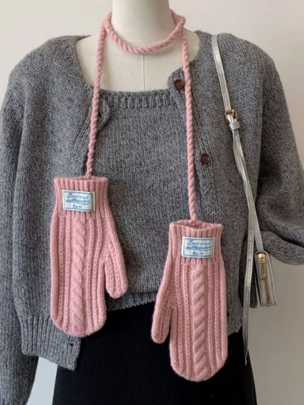 Cable Knitted Mittens with Neck Strap, image 6