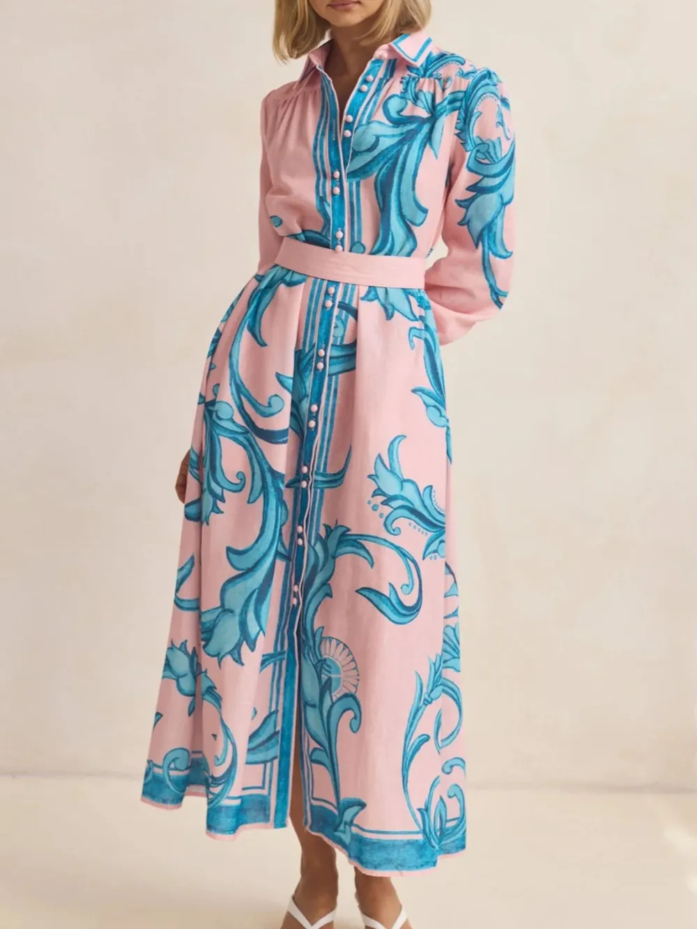 Printed Button Down Belted Shirt Dress, image 18