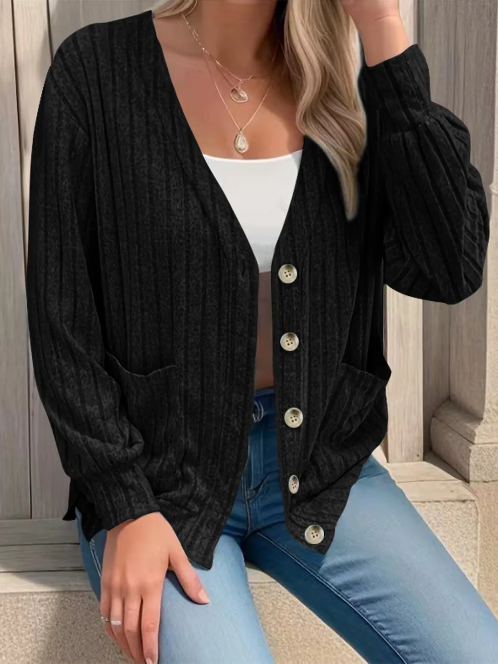 Full Size Button Up V-Neck Long Sleeve Cardigan, image 8