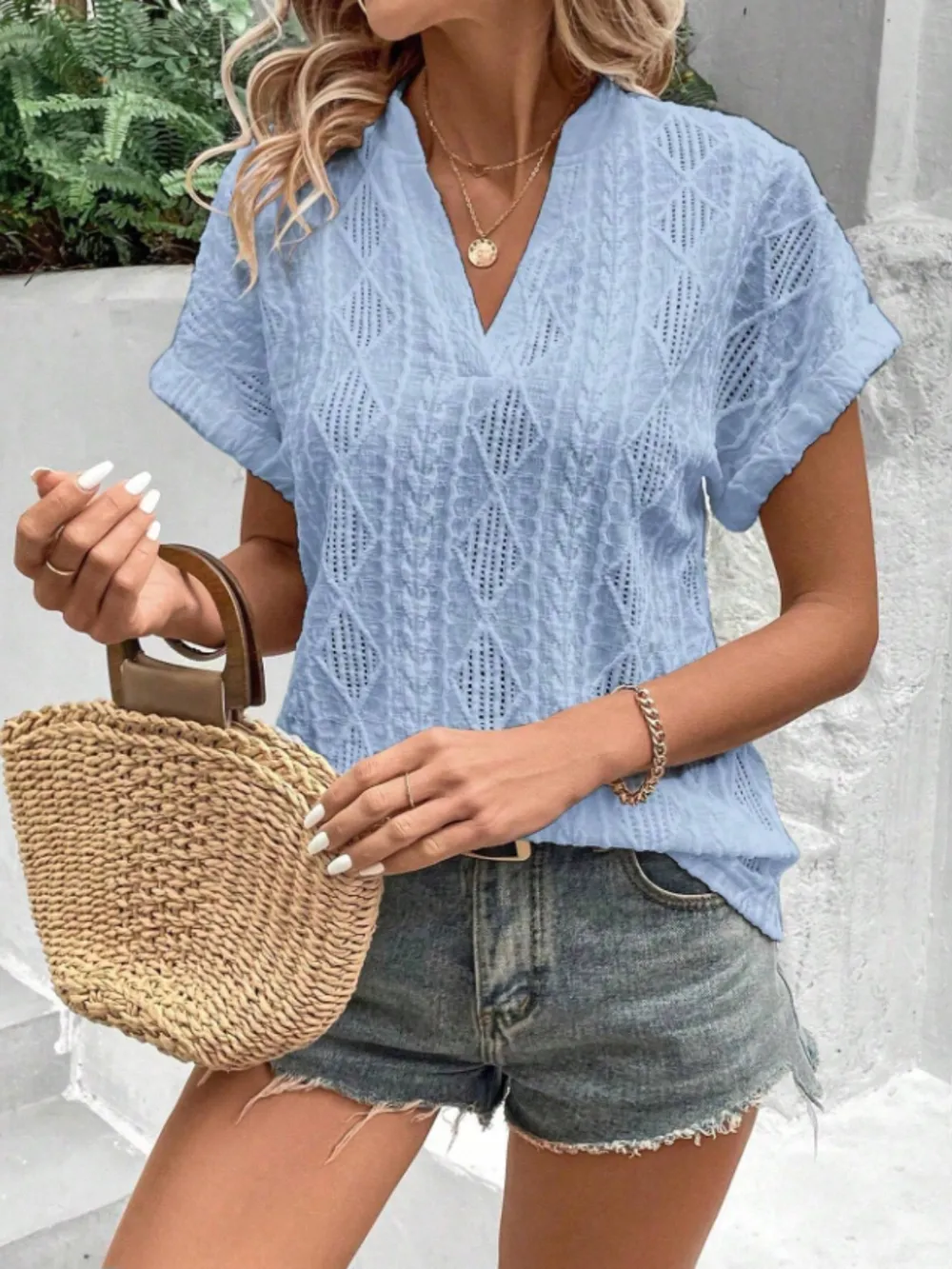 Openwork Notched Short Sleeve Blouse, image 13