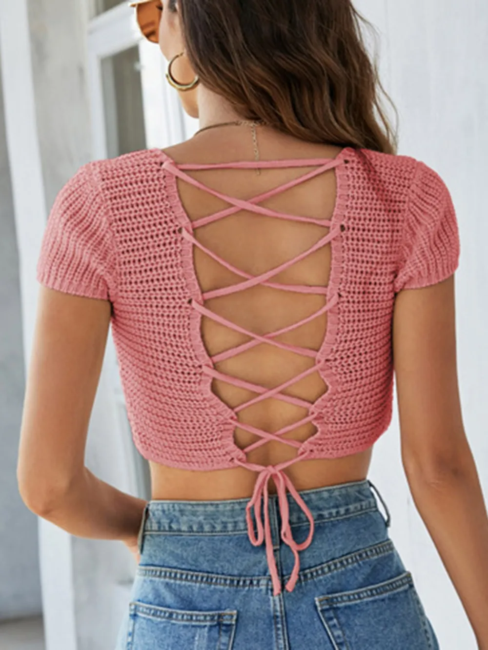 Lace-Up Openwork Square Neck Sweater, image 6