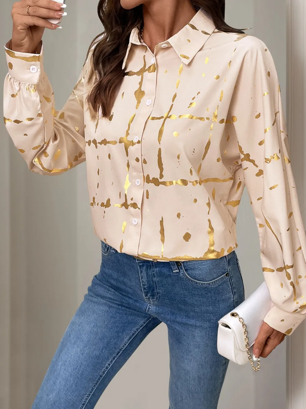 Printed Collared Neck Long Sleeve Shirt, image 6