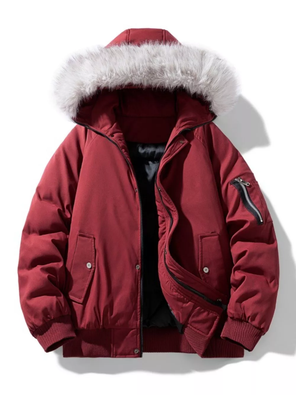 Men's Plus Size Faux Fur Hooded Padded Bomber Jacket, image 2