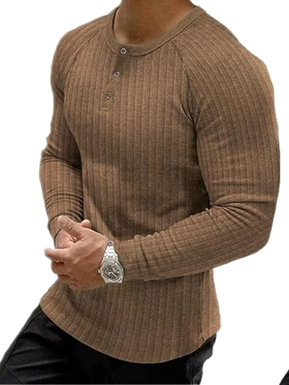 Men's Full Size Ribbed Round Neck Long Sleeve T-Shirt Plus Size, image 4