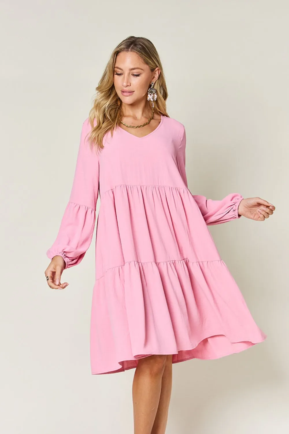 Full Size V-Neck Balloon Sleeve Tiered Dress with Pockets, image 24
