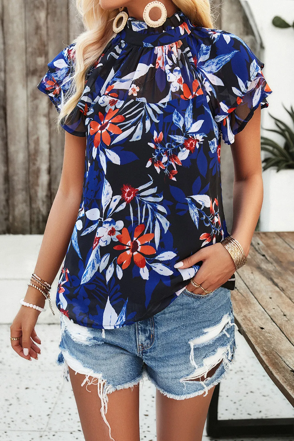 Printed Ruffled Mock Neck Blouse, image 6