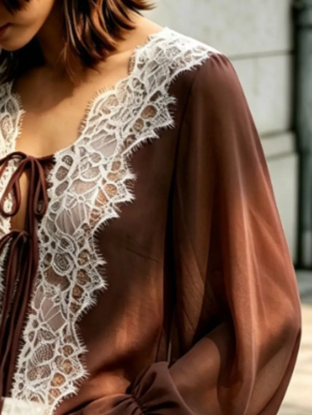 Sheer Lace-Trimmed Front Tie Blouse, image 9