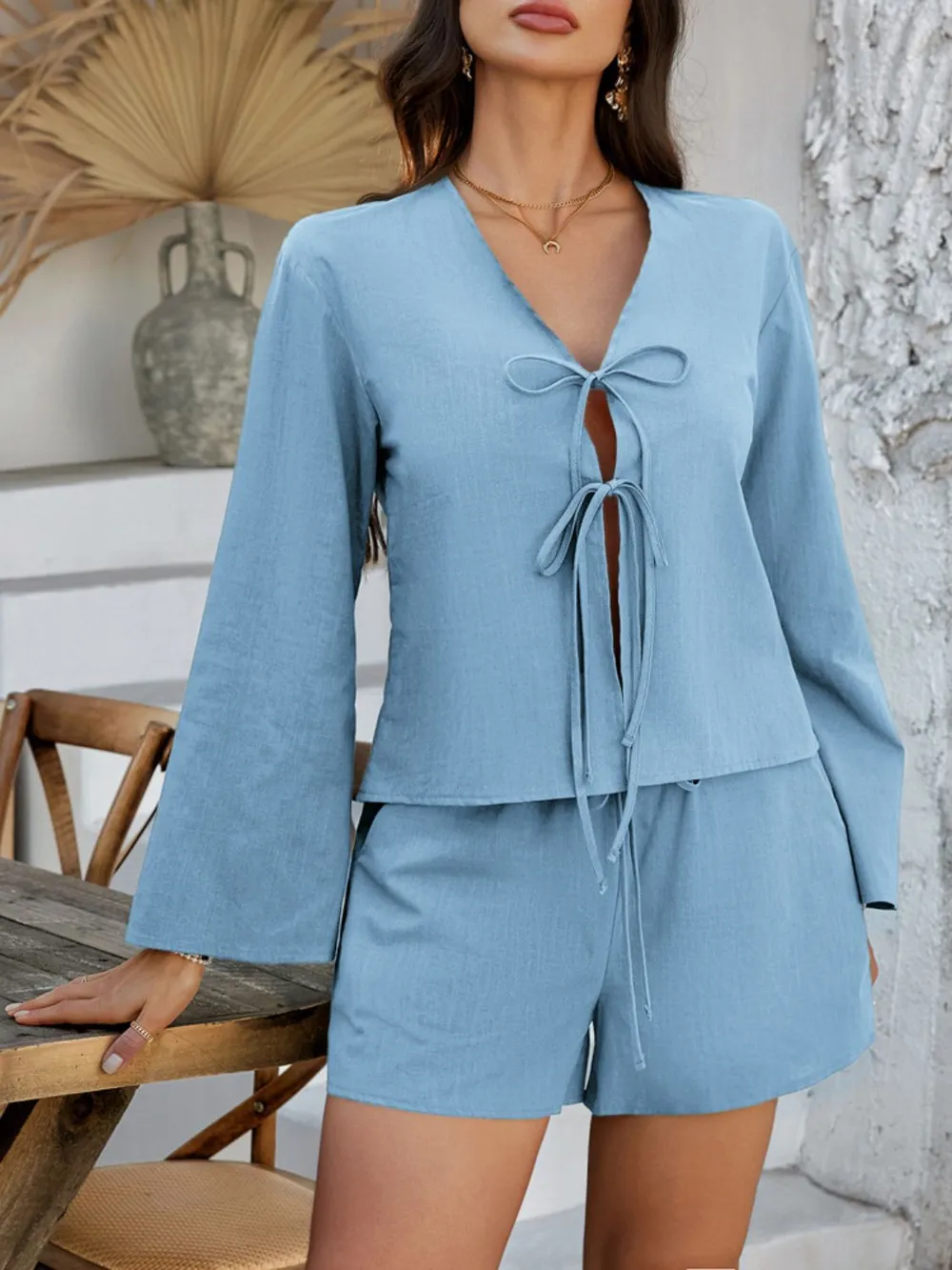 Double Tied V-Neck Top and Shorts Set, image 18