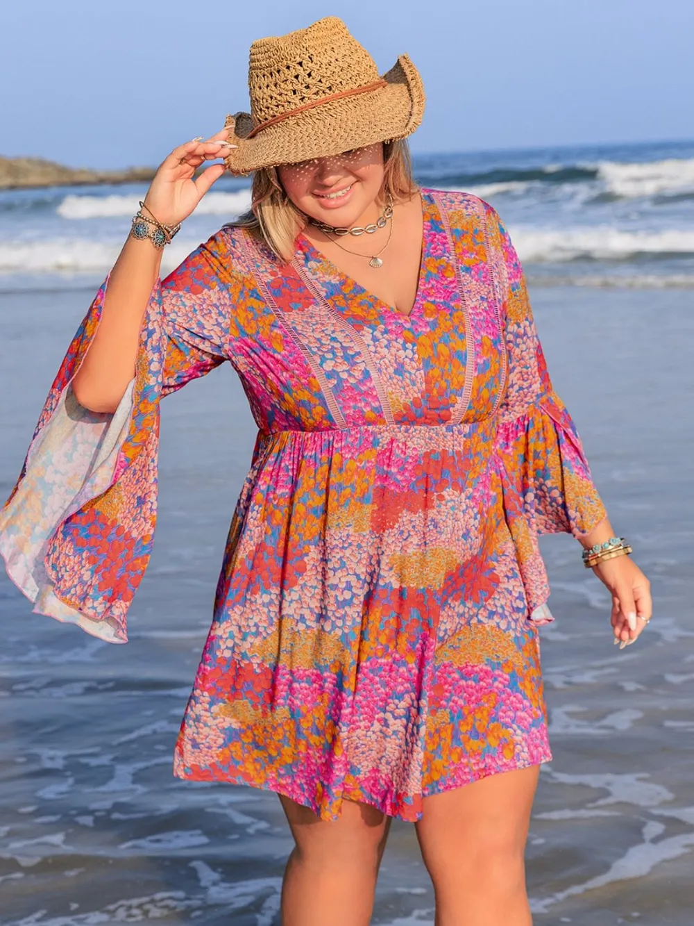 Plus Size Ruched Printed Long Sleeve Dress, image 6