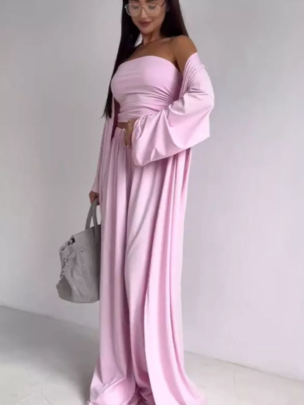 Tube Top & Cardigan & Wide Leg Pants 3-Piece Set, image 4