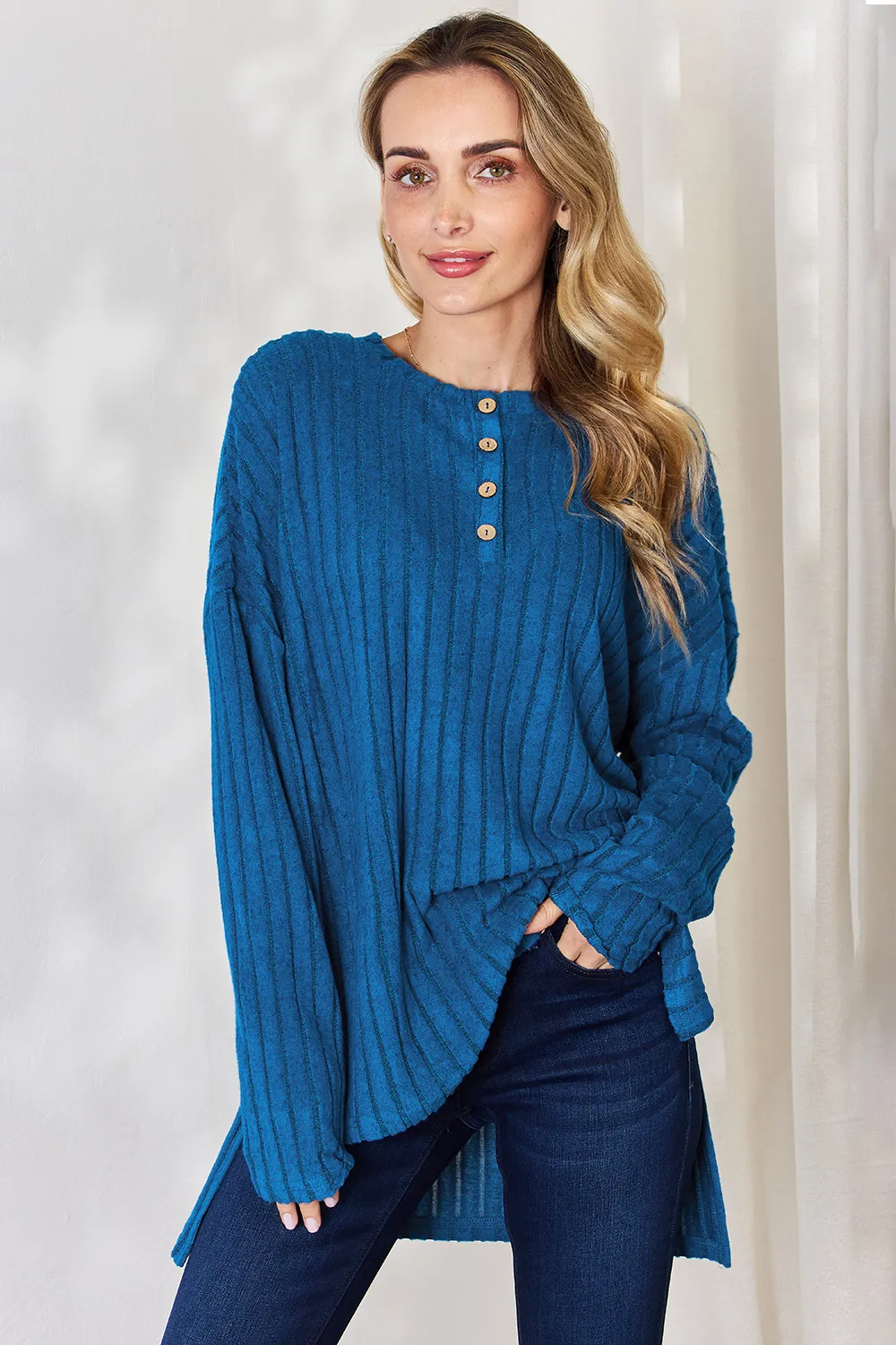 Full Size Ribbed Half Button Long Sleeve High-Low T-Shirt, image 26