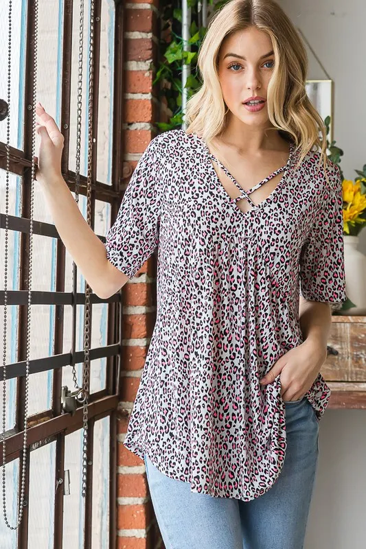 Full Size Short Sleeve Crisscross Animal Babydoll Top Plus Size, image 13