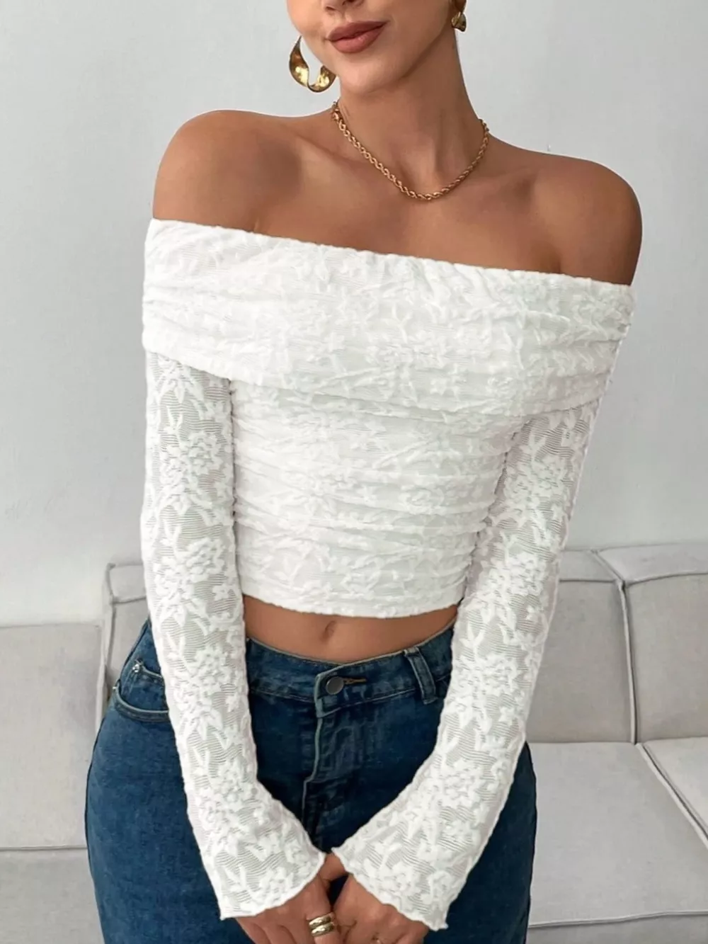 Lace Off-Shoulder Long Sleeve Top, image 4