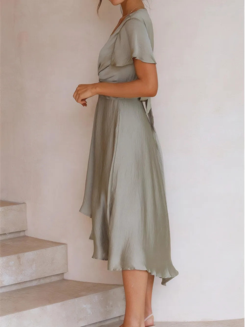 High-Low Plunge Flutter Sleeve Dress, image 5