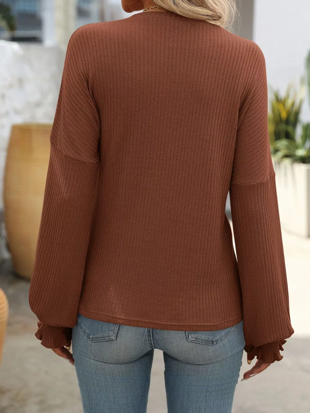 Ribbed Knit Ruffle Cuff T-Shirt, image 17