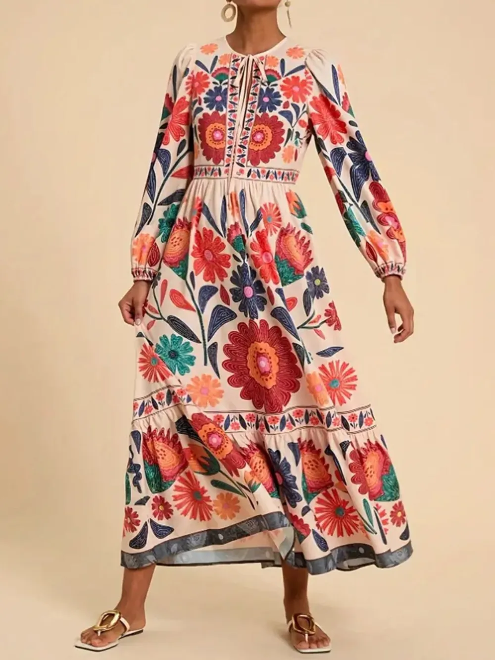 Floral Tie Waist Long Sleeve Dress, image 18