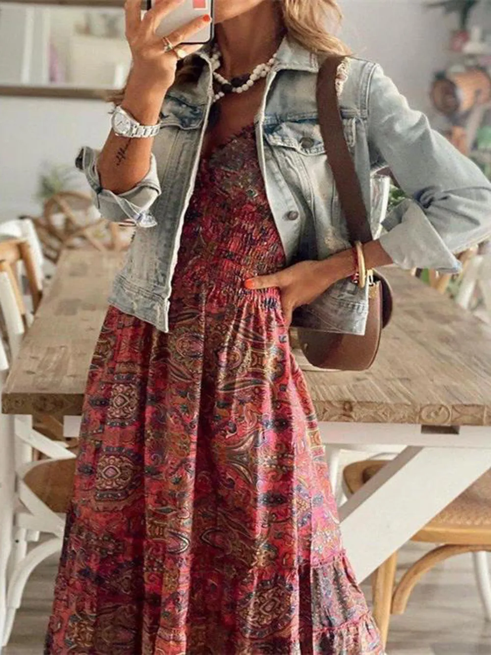 Full Size Smocked Printed V-Neck Short Sleeve Dress, image 15