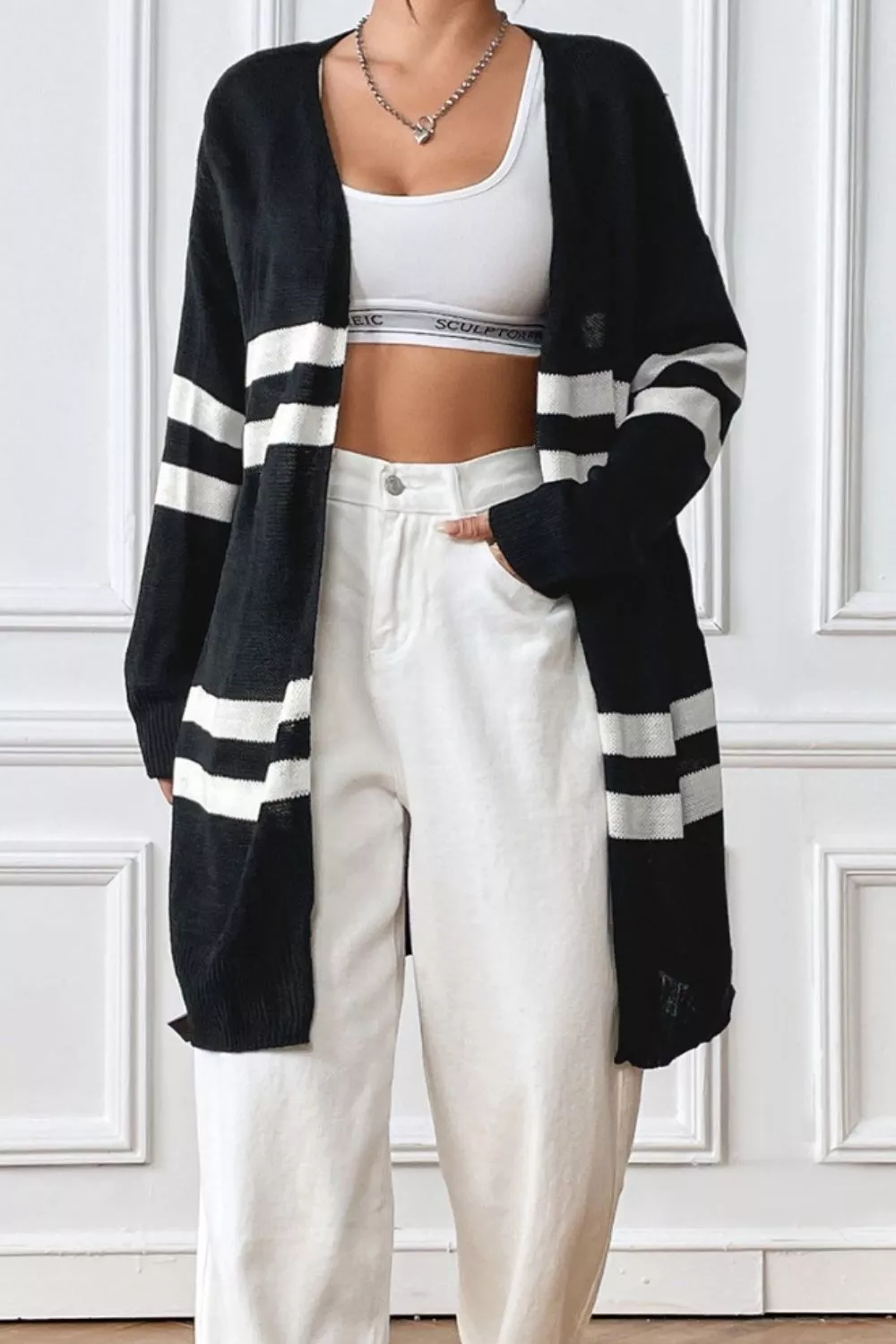 Striped Open Front Dropped Shoulder Cardigan, image 3