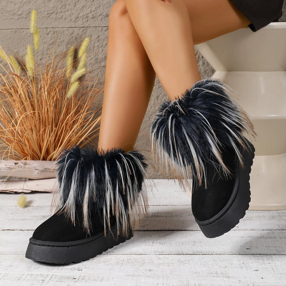 Fuzzy Trim Platform Ankle Boots, image 4